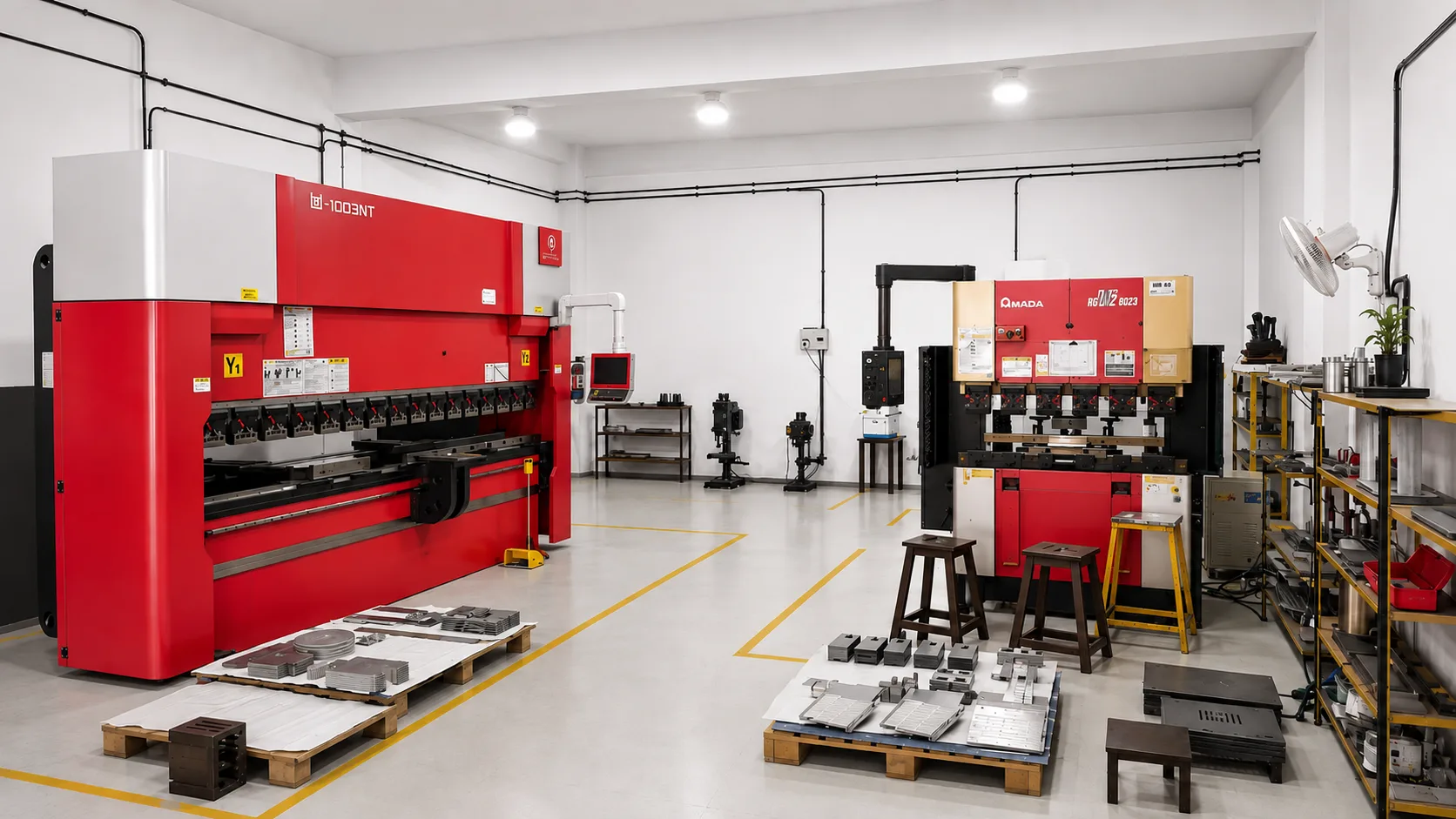 Eka Metalform shop floor with two CNC press brakes and pallets of cut sheet-metal parts