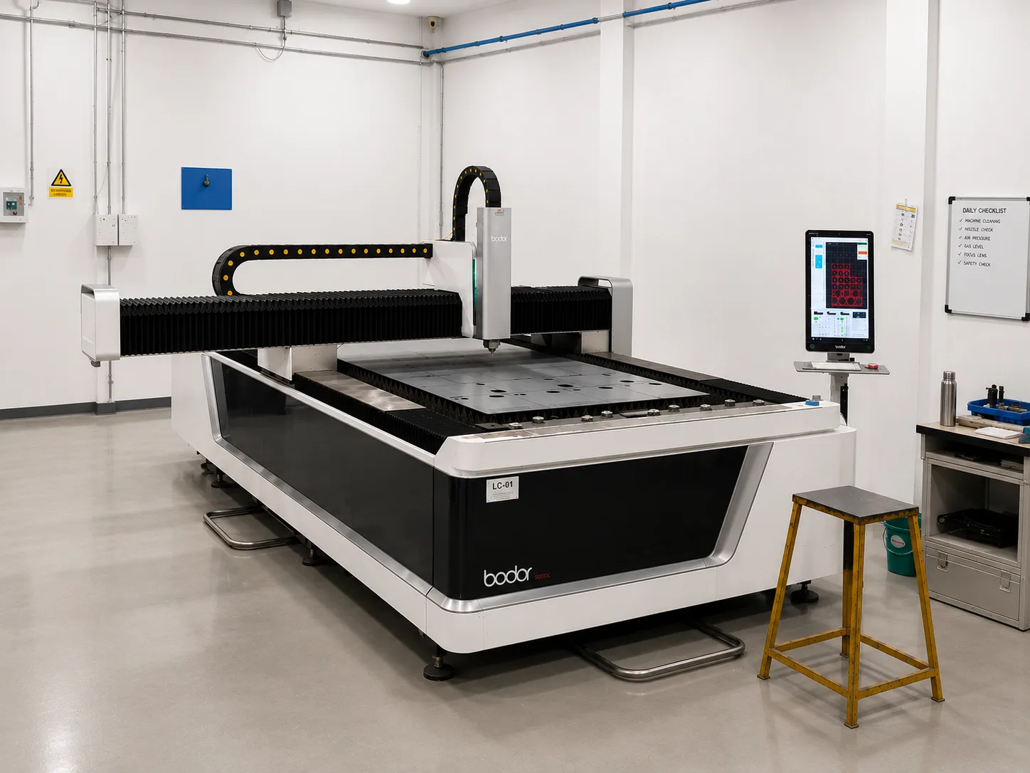 Bodor fiber laser cutting machine on the Eka Metalform shop floor, with its control screen alongside