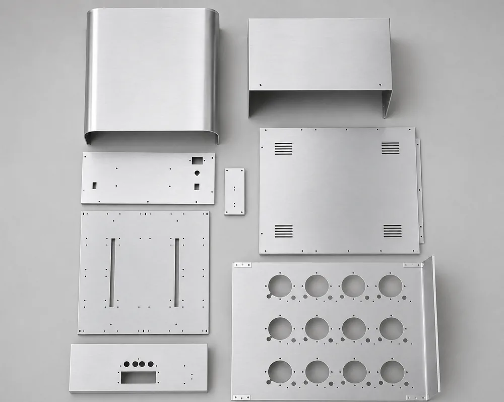 Laser-cut and formed stainless panels for an enclosure, laid out before assembly