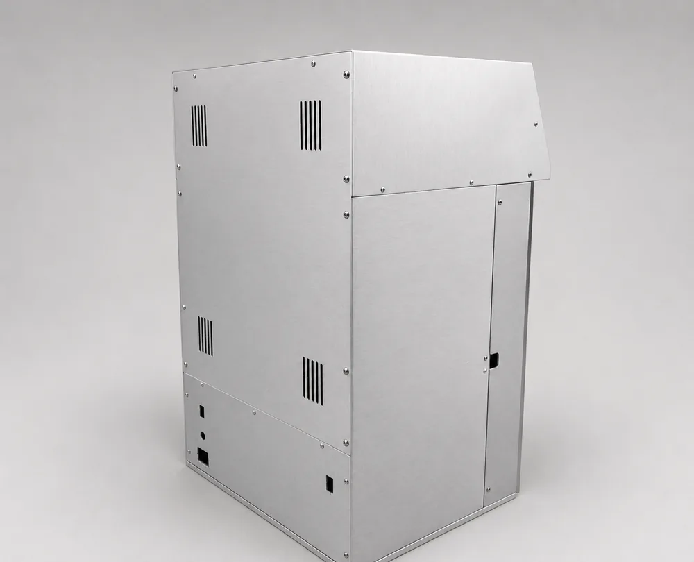 Assembled stainless steel cabinet with louvred vents and a hinged access door